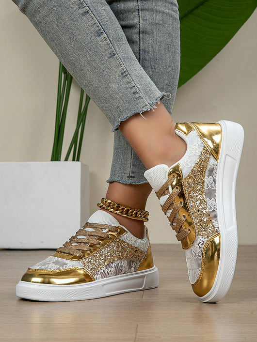 Women's New Shiny Metallic Style Shoes, Gold Glitter Vamp Fashion Comf ...